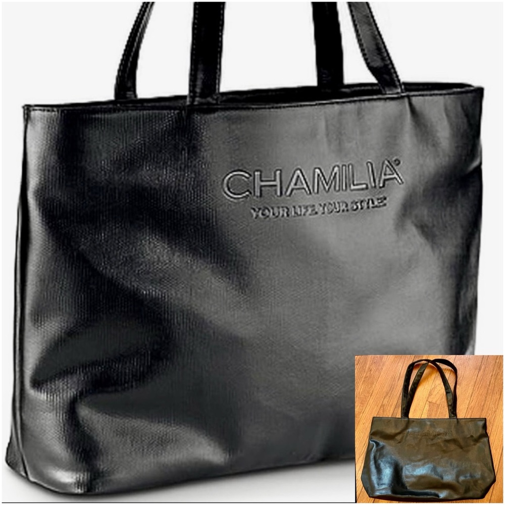 Chamilia Black Faux Synthetic Leather with Lime Green Interior Large Tote Bag